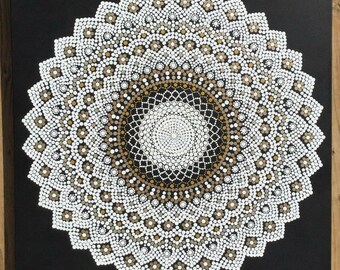 Mandala wall art, spiritual/yoga/30x30in/white/gold/dots/dotillism/pointillism/mandala painting/bohemian/dot work/flower