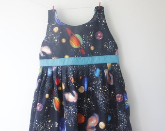 Planets dress, outer space dress, space outfit, spcae party, space print, space gift, girls space gift, girls dress, party dress