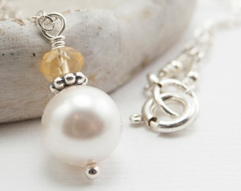November Birthstone Necklace, Citrine Gemstone and White Swarovski Pearl Necklace, Citrine Necklace Sterling Silver, Pendant Necklace