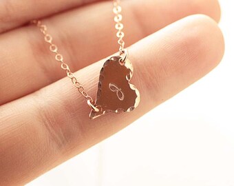 Rose Gold Initial Necklace, Sideways Heart Necklace, Hand Stamped, Personalized Necklace, Rose Gold Heart Necklace, Everyday Necklace