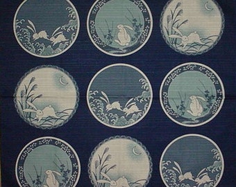 Japan Fabric Rabbit Furoshiki 'Rabbits on Blue Plates' Blue Cotton Square w/Free Insured Shipping