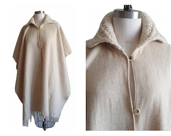 Wool Poncho Wrap • Vintage 80s Woven Blanket Coat with fringe • Cape Shawl