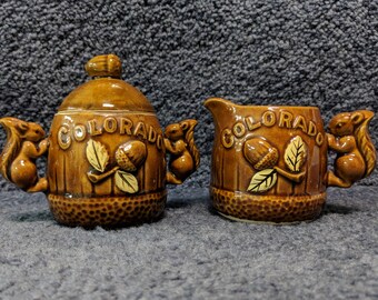 Creamer and Sugar Bowl, Vintage, Kitschy, Colorado Souvenir, Squirrels and Acorns