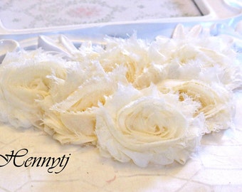 Set of 6 - CREAM Shabby Frayed Vintage look Chiffon Rosette Flowers. DIY Supplies. Soft Chiffon Flowers.