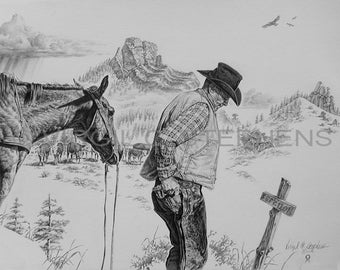 Team Roping drawing of rodeo cowboys team roping at the