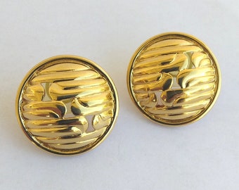 Vintage Monet Gold Button Post Earrings- Ribbed Open Work Circle Earrings, Gold Button Earrings - Designer Monet Earrings
