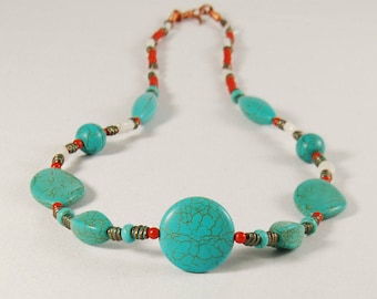 Platform Court necklace with turquoise stones, beads of coral, rock crystal and copper components, copper wire