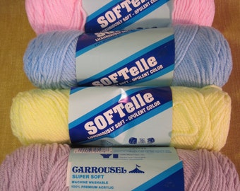 4 skeins Softelle super soft, 4 ply, worsted weight, knitting or crochet yarn, baby blue, pink,yellow, lavender water, for sweaters ,afghans