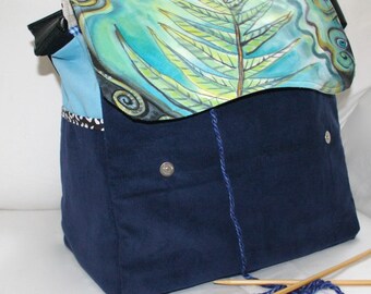 Hand painted, Navy blue,messenger style bag, knitting Bag, knitting supplies, crochet tote, organizer, Yarn Dispenser, women's handbag, gray
