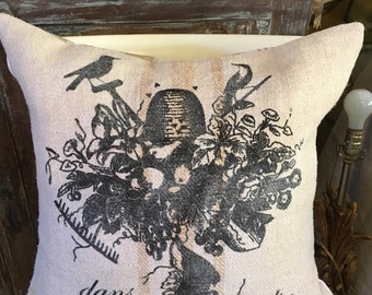 Vintage European Grain Sack Pillow Cover With French Bird Image