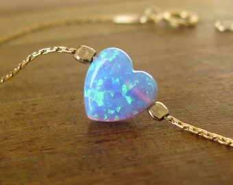 Opal bracelet, heart bracelet, silver bracelet, opal heart bracelet, blue opal bracelet, glistening bracelet, fire opal bracelet