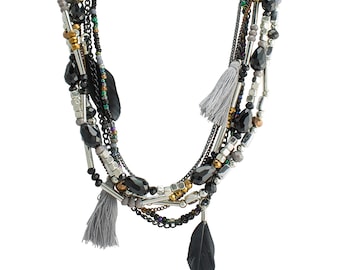 Silver & Black Bead Necklace with Mystic Feathers