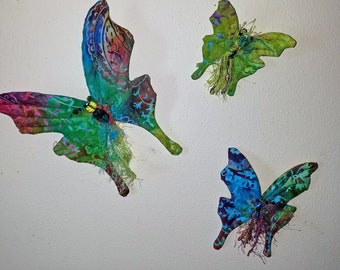 Set of 3 rainbow fiber sculpted butterflies wall accent, Swarovski crystal bodies