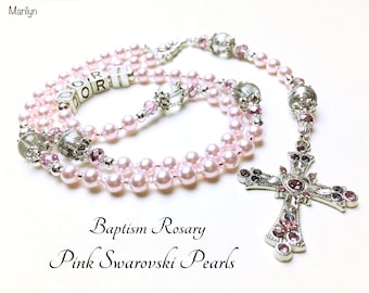 Personalized Baptism Rosary. Swarovski Pearls. Pink and White Rosary. Catholic Rosary. Catholic Gift. Christening Rosary. #R122