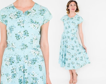 50s Floral Day Dress | Blue Floral Print Cotton Dress | Top Mode | Medium