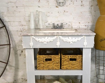 Painted Cottage Chic Shabby Romantic Farmhouse Bathroom Vanity and Sink