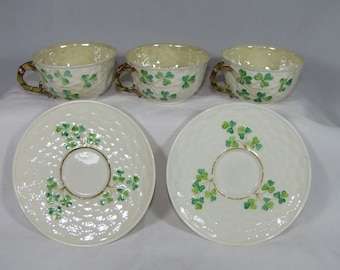 3 Vintage Belleek Porcelain Cups, 2 Saucers Shamrock-Basket Weave 1926-1946 3rd Mark