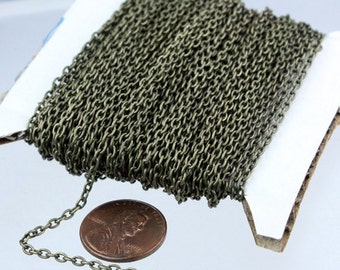 Antique Brass Chain, 50 ft spool of Antique Brass Round cable chain - 3x2.2mm - unsoldered link.Bulk Necklace chain