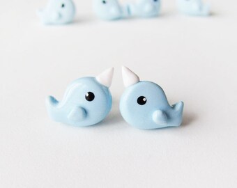 Blue Narwhal Earrings Polymer Clay Jewelry