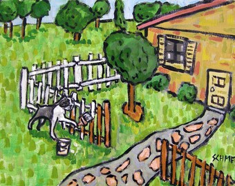 Boston Terrier Painting a Fence Dog Art Print JSCHMETZ abstract folk art pop art MODERN