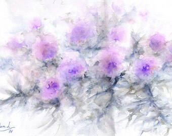 Original Watercolor, title CARDOS, 50x35 cm. Flowers theme.