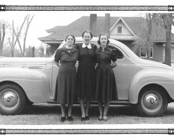 Vintage Snapshot "Ready To Roll" Women Pose In Front Of Cadillac 1939 Found Vernacular Photo