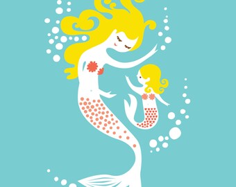 8X10" mermaid mother & daughter giclee print on fine art paper. teal, pink, coral, blonde.