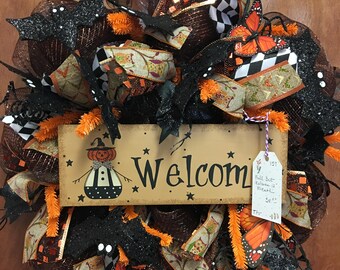 12" Welcome Wreath, Monarch butterflies, wood welcome sign