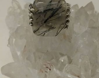 Black Tourmalinated Quartz Ring, Size 8