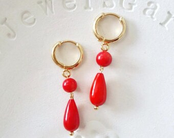 Red coral earrings dangle drop earrings Gold hoop teardrop grandma earrings jewellery Historical jewelry Classical everyday vintage earrings