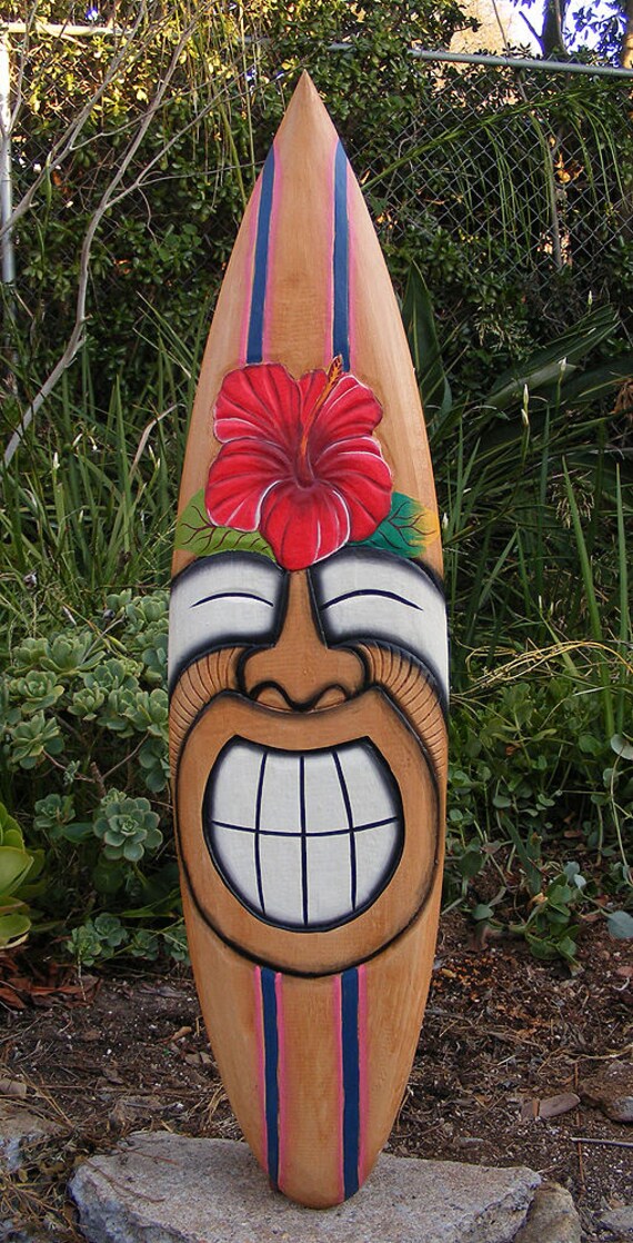 Download Happy Tiki Hibiscus Flower tropical Wood Surfboard Wall Plaque