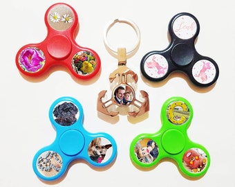 Personalised custom fidget spinner toy gift own image photo red green blue black keyring present novelty stress relief christmas stocking