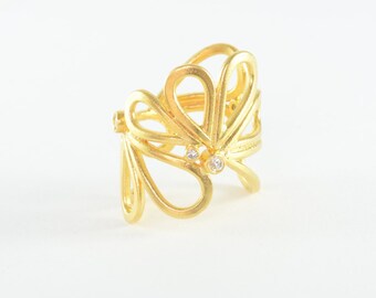 Large Gold and Cubic Zirconia Ring, Gold Statement Ring, Gold Ring, Gold and CZ Ring, Gold Adjustable Ring, Engagement Ring, Wide Ring