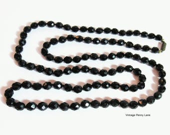 Vintage Glass Bead Necklace, French Jet Black, 38 Inch Long