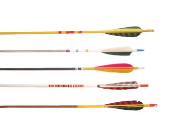 Vintage Wood Arrows Wooden Arrows Painted Decorative Arrows Archery Arrows Set of 5 Retro Graphics Feather Arrows Boho Decor Mid Century