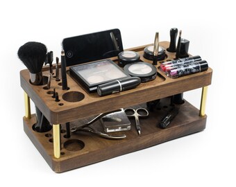 Makeup organizer with docking station, beauty station, brush holder