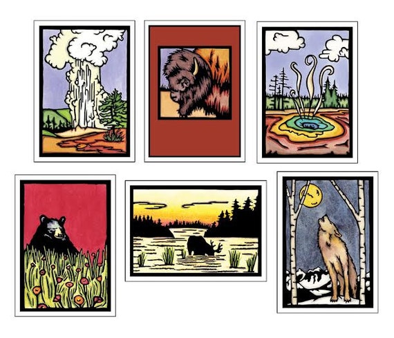 Yellowstone Collection - 6 Blank Greeting Cards - National Park, Vacation, Travel, Wyoming, Montana, Idaho - Wolf, Bison, Bear, Moose
