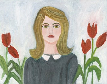 Sylvia with tulips. Original oil painting by Vivienne Strauss.