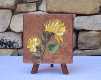 Hand Painted Tile Trivet with Yellow Chrysanthemums