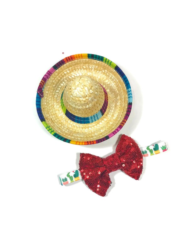 Sombrero + Bow Tie || Mini Sombrero || Dog Hat || Straw Hat || Mini Sombrero || Fiesta Party || Fiesta Hat