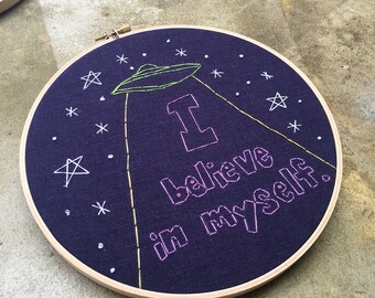 I believe - hand drawn and embroidered x-files inspired hoop art wall hanging