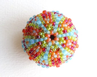 MADE TO ORDER Focal Beaded Bead, 30mm peyote stitched spherical bead in bright colours, lime, turquoise, red and orange