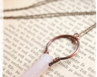 Rose quartz point and hammered copper hoop bail pendant necklace, with long antique brass chain, January birthstone, natural love talisman.