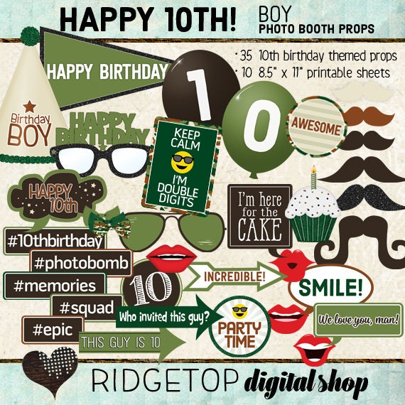 Photo Booth Props HAPPY 10TH BIRTHDAY boy printable props