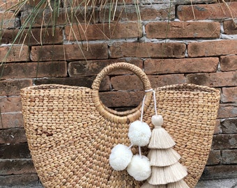 Pom pom bag charm ,Tassel bag charm,Bag charm,Natural White Tassel&Pom pom bag charm,Hanging wall decor,Hand made bag charm.