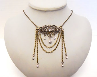 Filigree necklace Antiqued Brass walk in the moonlight with crystals perfect for a steampunk bride or wedding secret noir ball or mascarade