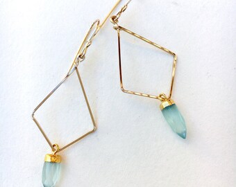 Aquamarine earrings, gemstone, geometric, dangle, gold earrings, aquamarine crystals