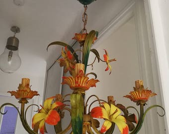 Large shabby chic tole chandelier large chandelier floral tole 1940