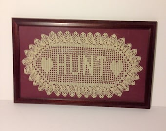 Vintage Knitted "HUNT" Frame/Sign. Hearts. Very cool for that hunter gatherer in you! One-of-a-kind.