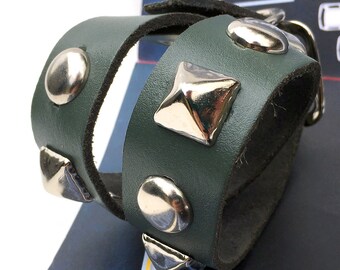 Teal Blue Leather Dog Collar with Chunky Silver Metal Studs, Size S-M, to fit a 13-16in Neck, Small to Medium Dog, USA Seattle Handmade OOAK